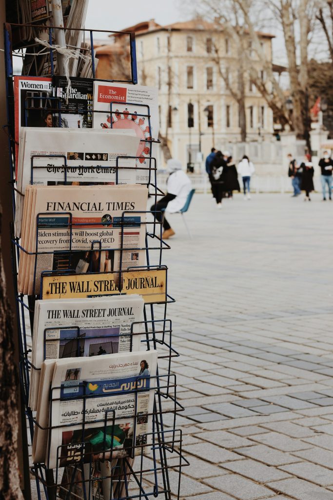 A newsstand with international papers