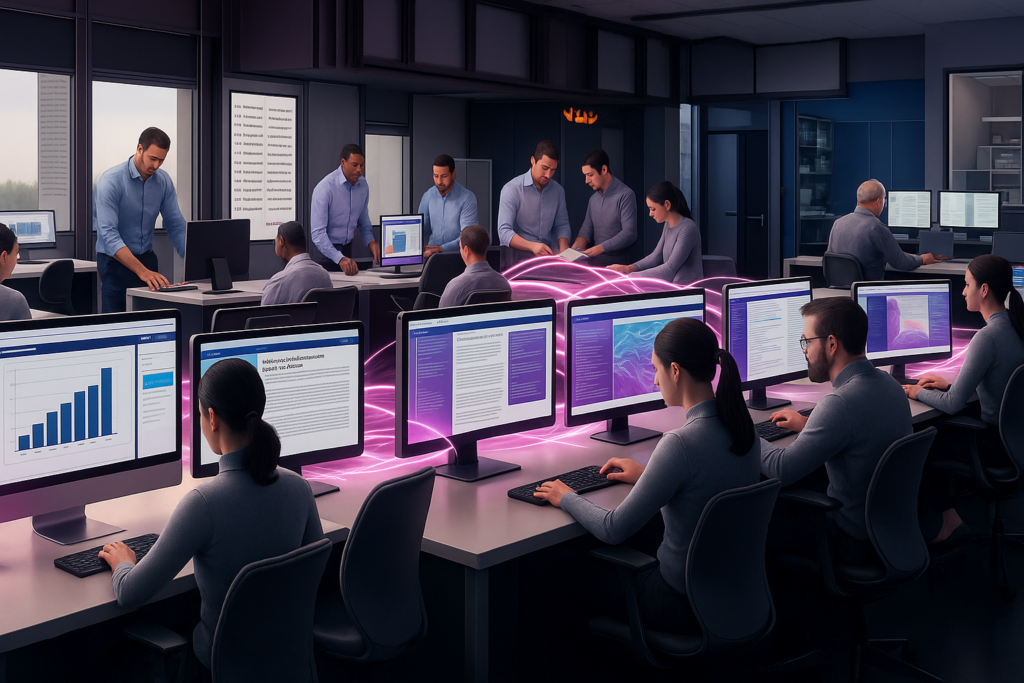 A modern, high-tech office space filled with people working on desktop computers arranged in rows. Each monitor displays data dashboards, graphs, and content pages. The room is illuminated with ambient lighting, and there are glowing purple digital elements connecting some of the workstations, suggesting advanced technology or AI integration. A few individuals are standing and collaborating, while others are focused on their screens. The environment reflects a futuristic, efficient workplace.