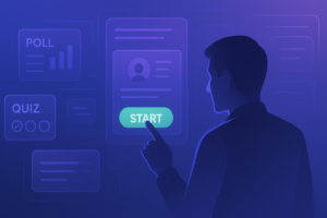 A modern digital illustration shows a man from behind, interacting with a futuristic touchscreen interface. The background features a smooth blue-to-purple gradient with glowing UI elements floating around him, including a large “START” button, quiz and poll modules, chat bubbles, and content cards. The design conveys interactivity and digital engagement in a sleek, minimalistic style.